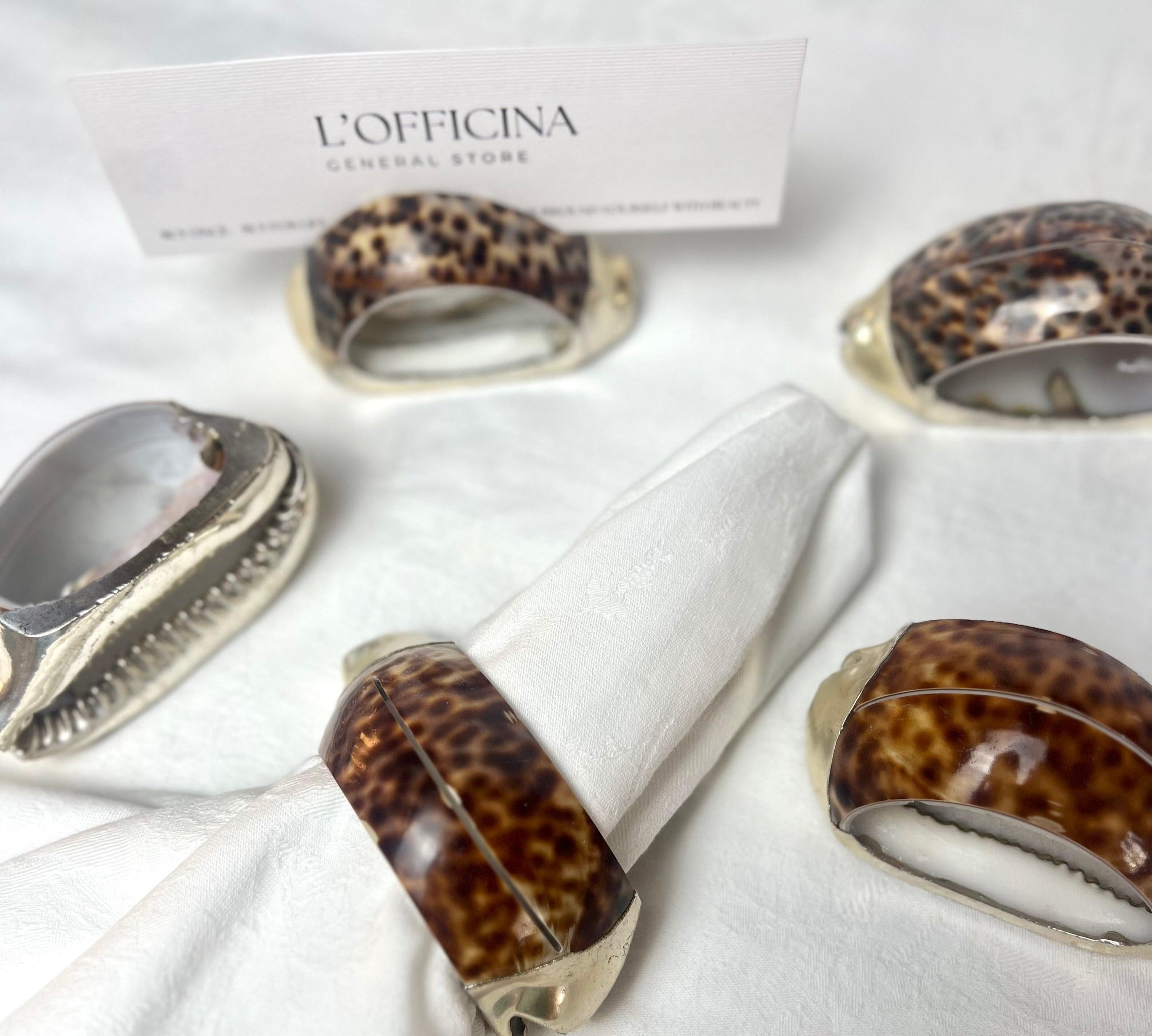 Set of 2 I Tiger Shell Napkin Rings & Placement card holder I Italian Silver Edged Tiger Cowrie - L'Officina General Store