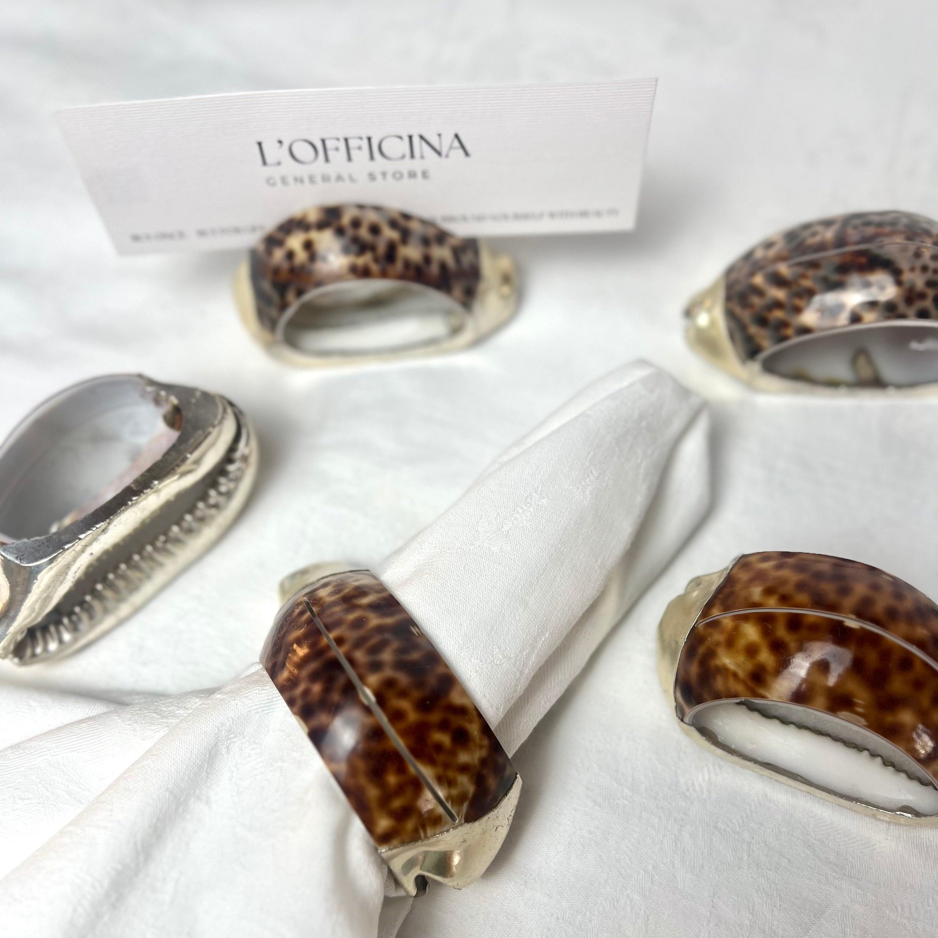 Set of 2 I Tiger Shell Napkin Rings & Placement card holder I Italian Silver Edged Tiger Cowrie - L'Officina General Store