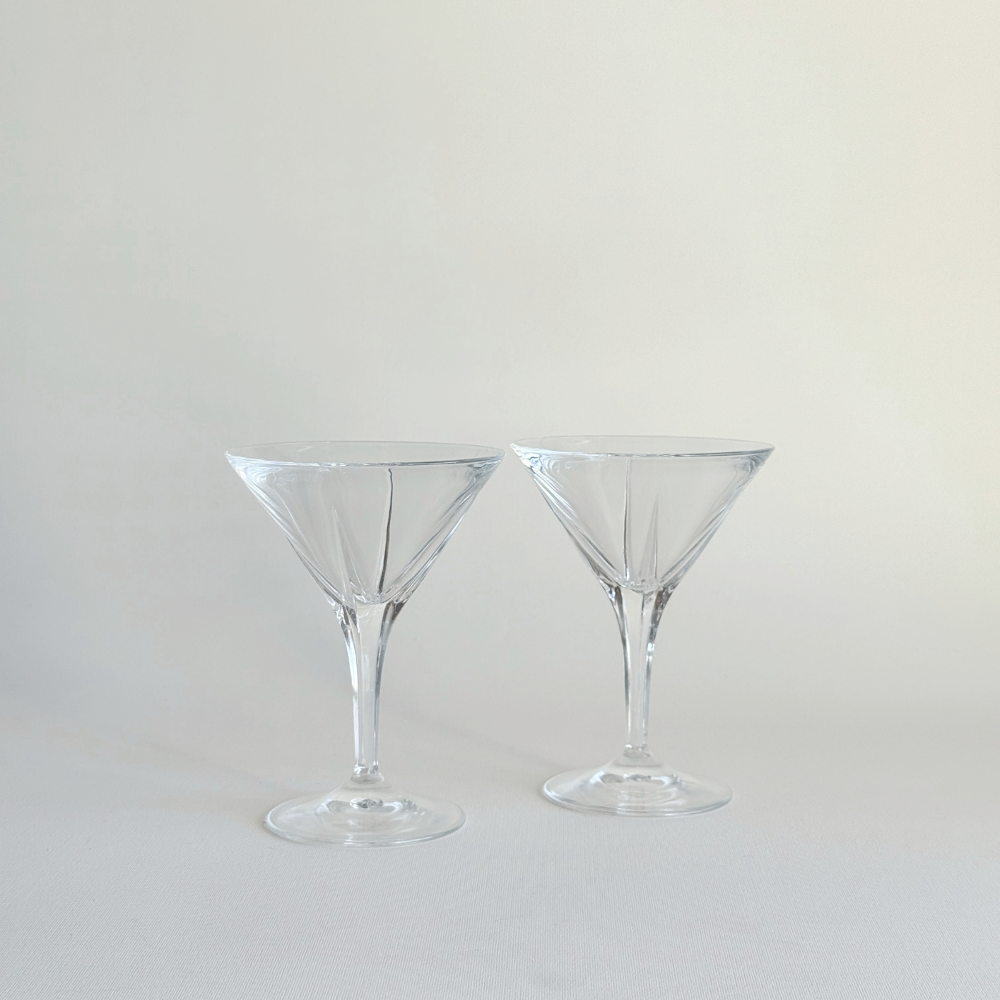 RCR clear glass martini set, two matching Italian cocktail glasses for the home bar, Pre-Loved