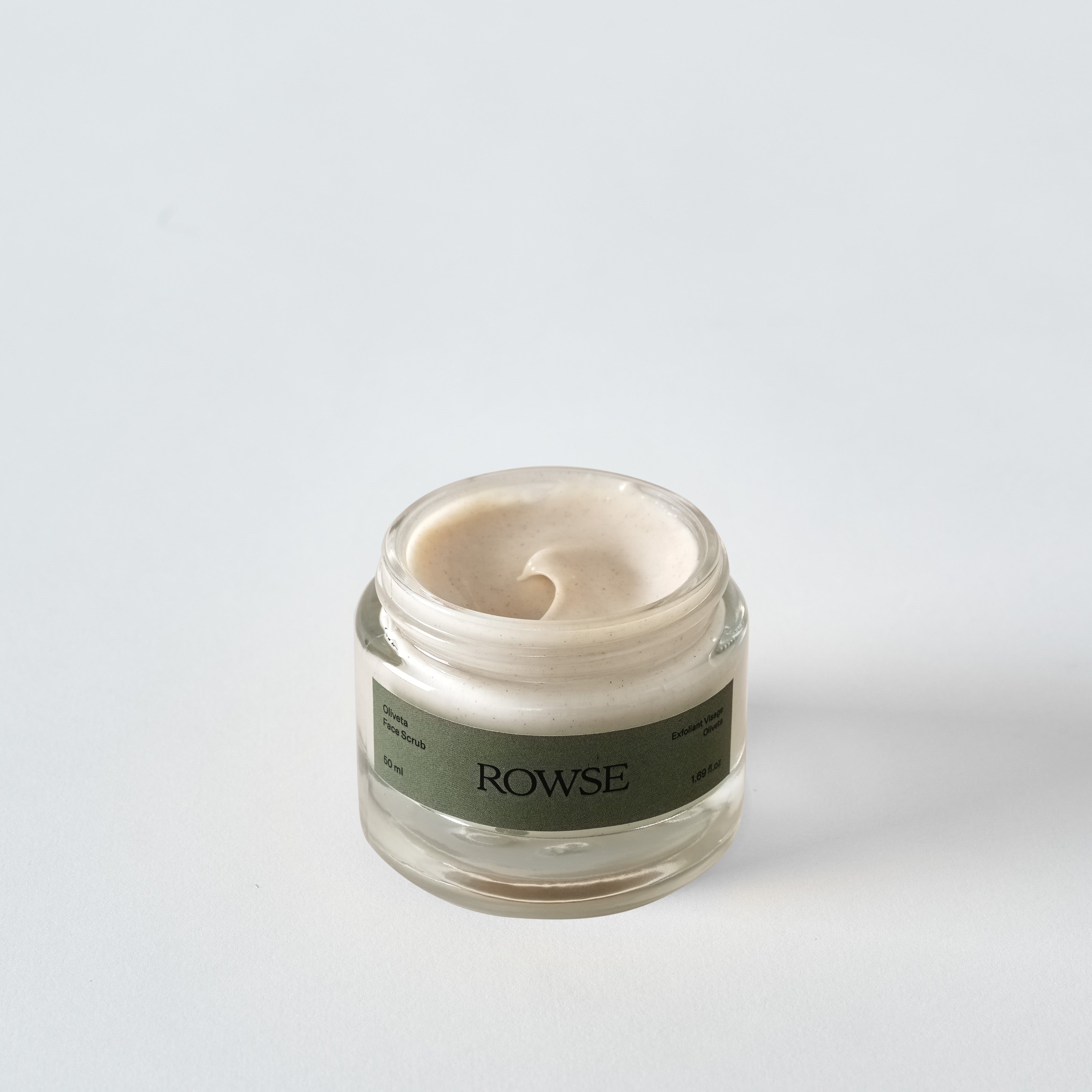 ROWSE Oliveta Face Scrub — olive seed powder and glycolic acid cream-gel exfoliator, made in Spain