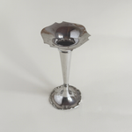 Clifford & Tull silver-plated trumpet bud vase — full form view, H 20 cm, developed patina across body
