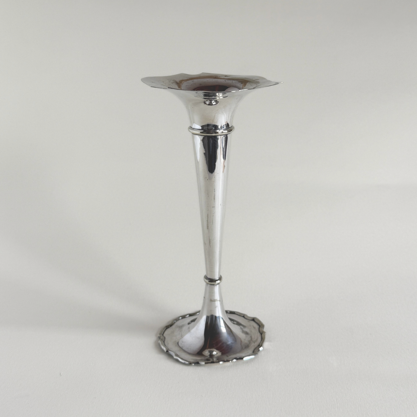 Base of Clifford & Tull silver-plated trumpet bud vase showing maker’s mark — Good condition, patina consistent with age
