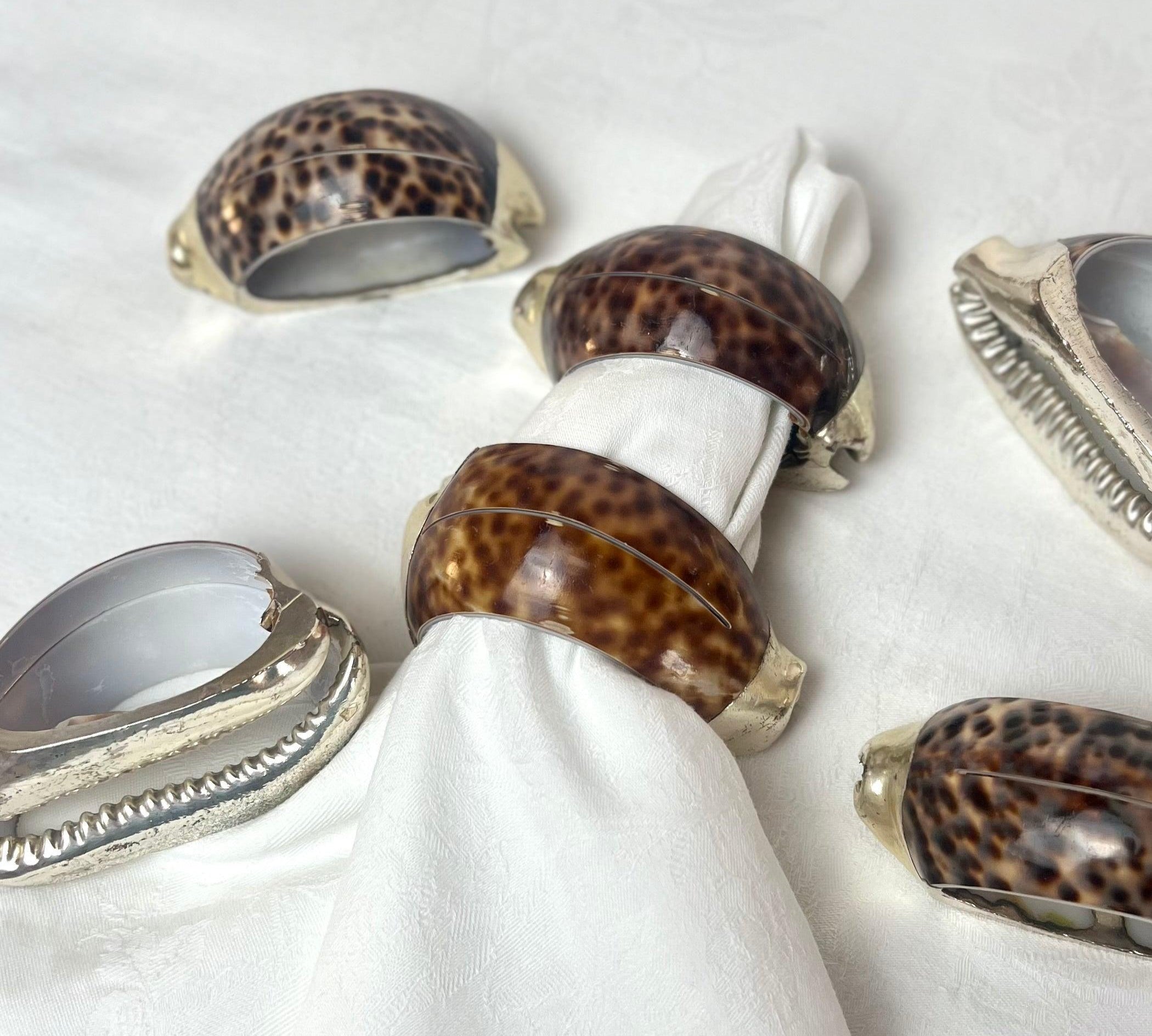 Set of 2 I Tiger Shell Napkin Rings & Placement card holder I Italian Silver Edged Tiger Cowrie - L'Officina General Store
