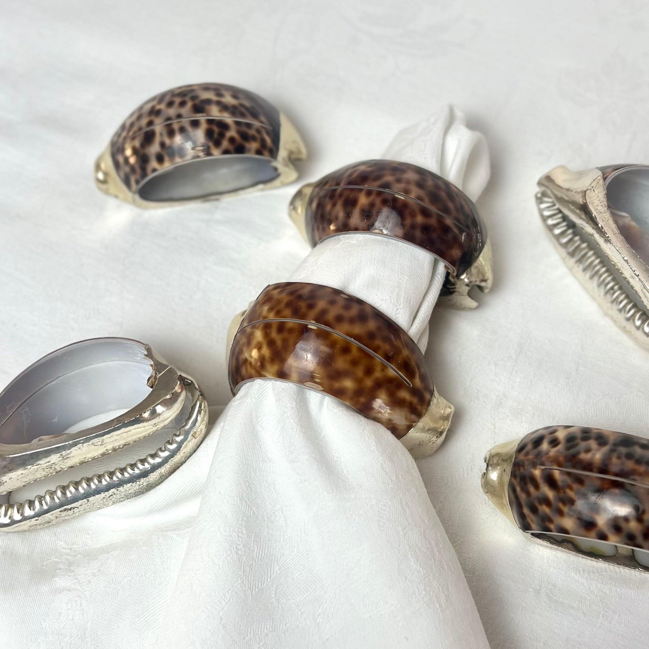 Set of 2 I Tiger Shell Napkin Rings & Placement card holder I Italian Silver Edged Tiger Cowrie - L'Officina General Store