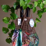 Short-handled sepia brown cotton net bag by Filt 1860, knitted mesh tote made in France