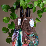 Short-handled sepia brown cotton net bag by Filt 1860, knitted mesh tote made in France
