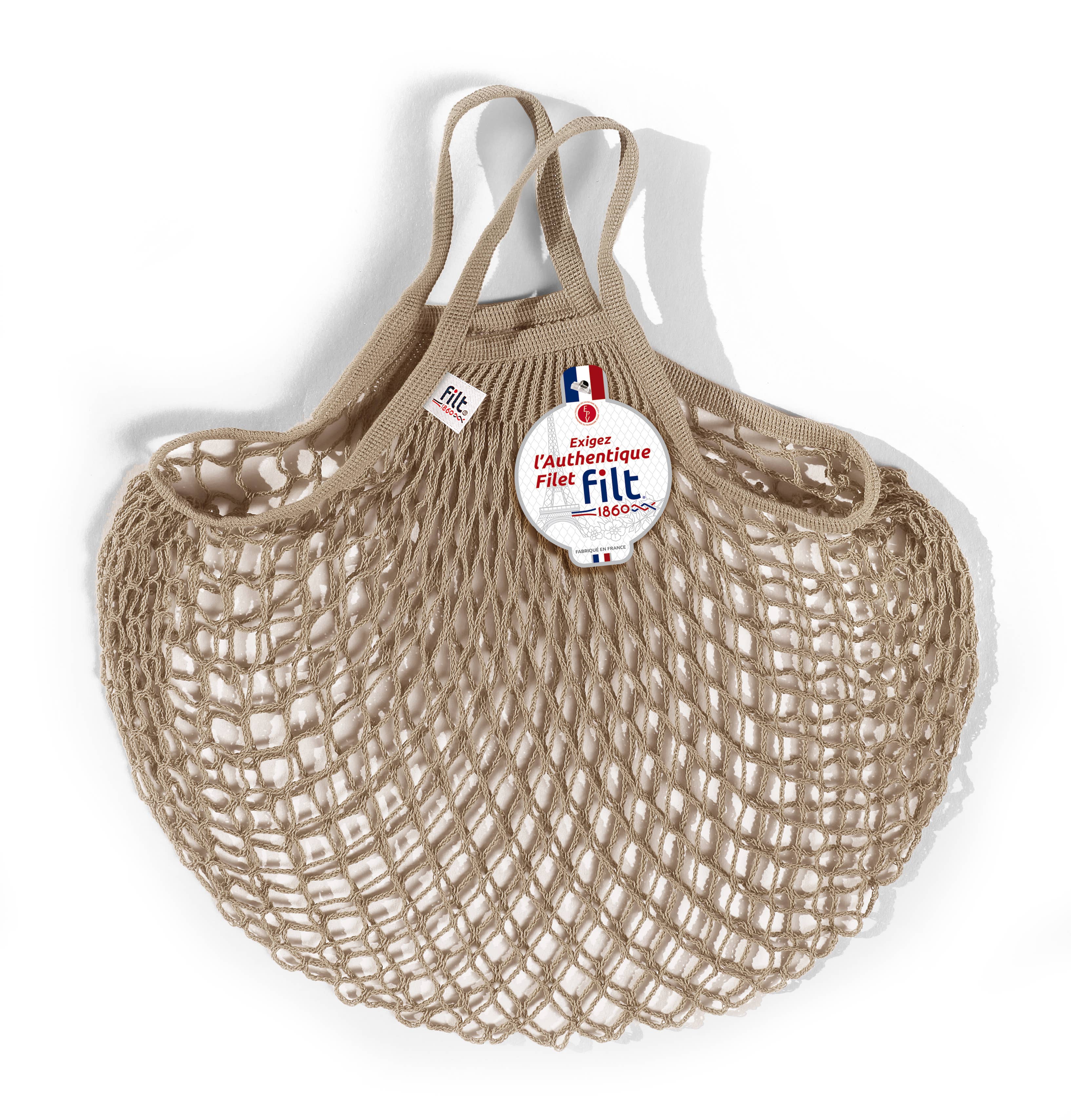 Filt 1860 mastic cotton mesh net bag with short 28 cm handles, reusable French shopping bag