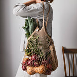 Mastic grey-beige cotton net shopping bag by Filt 1860, long-handle French mesh market tote