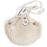 Filt 1860 ecru cotton mesh net bag with long braided handles, knitted in Normandy France