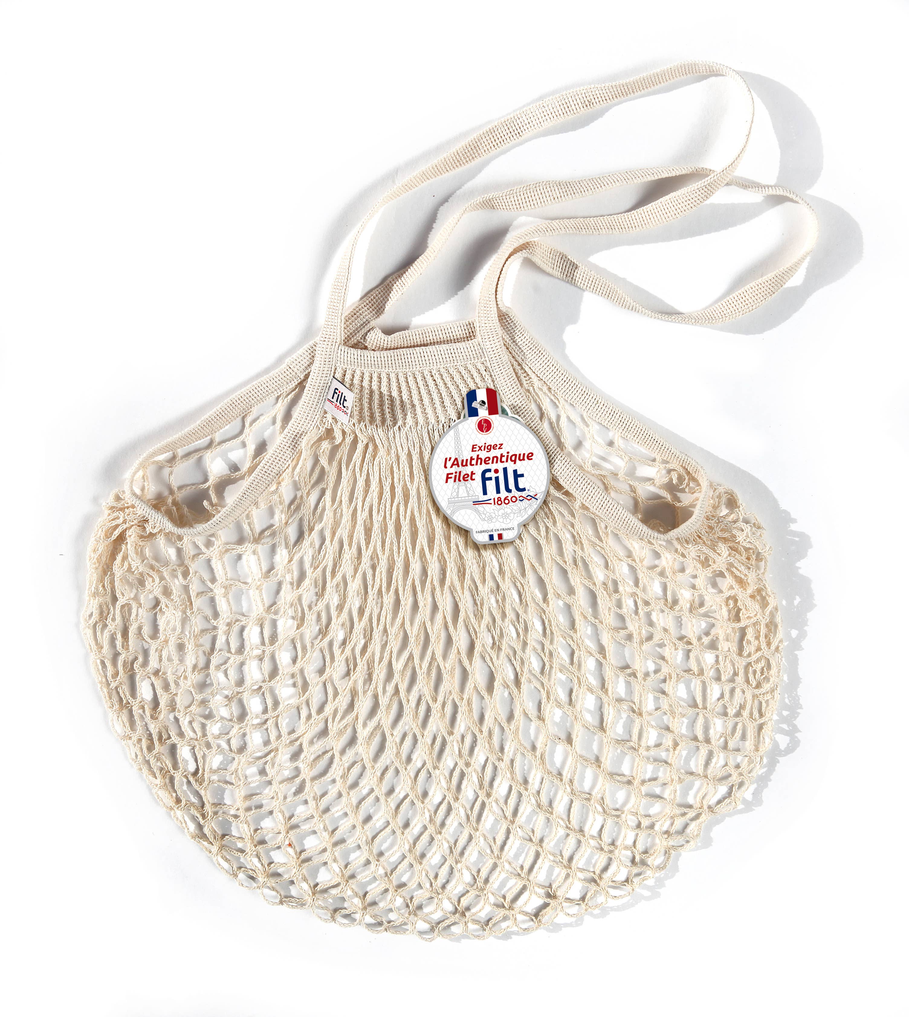 Filt 1860 ecru cotton mesh net bag with long braided handles, knitted in Normandy France