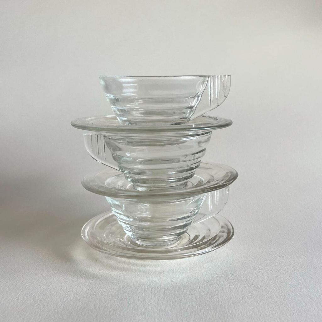 French 1950s Arcopal espresso cup close-up, glass & saucer