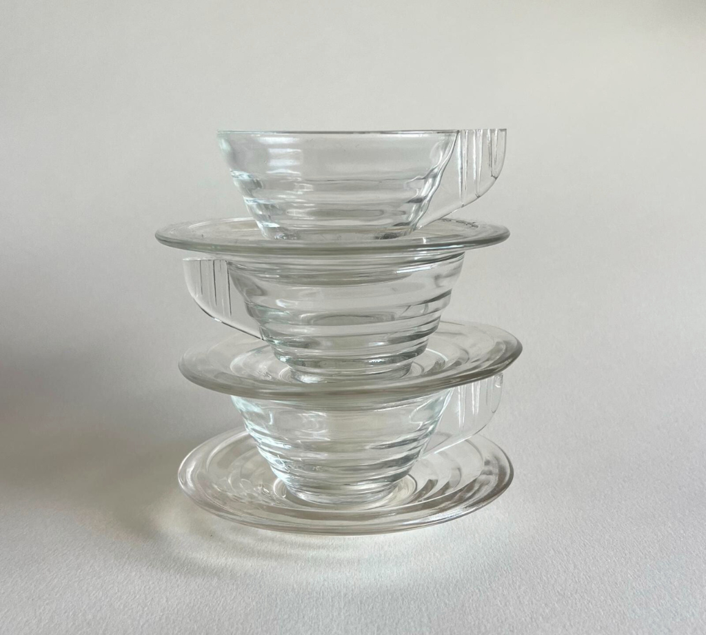French 1950s Arcopal espresso cup close-up, glass & saucer