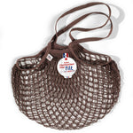 Filt 1860 sepia brown cotton mesh net bag with long braided handles, made in Normandy France