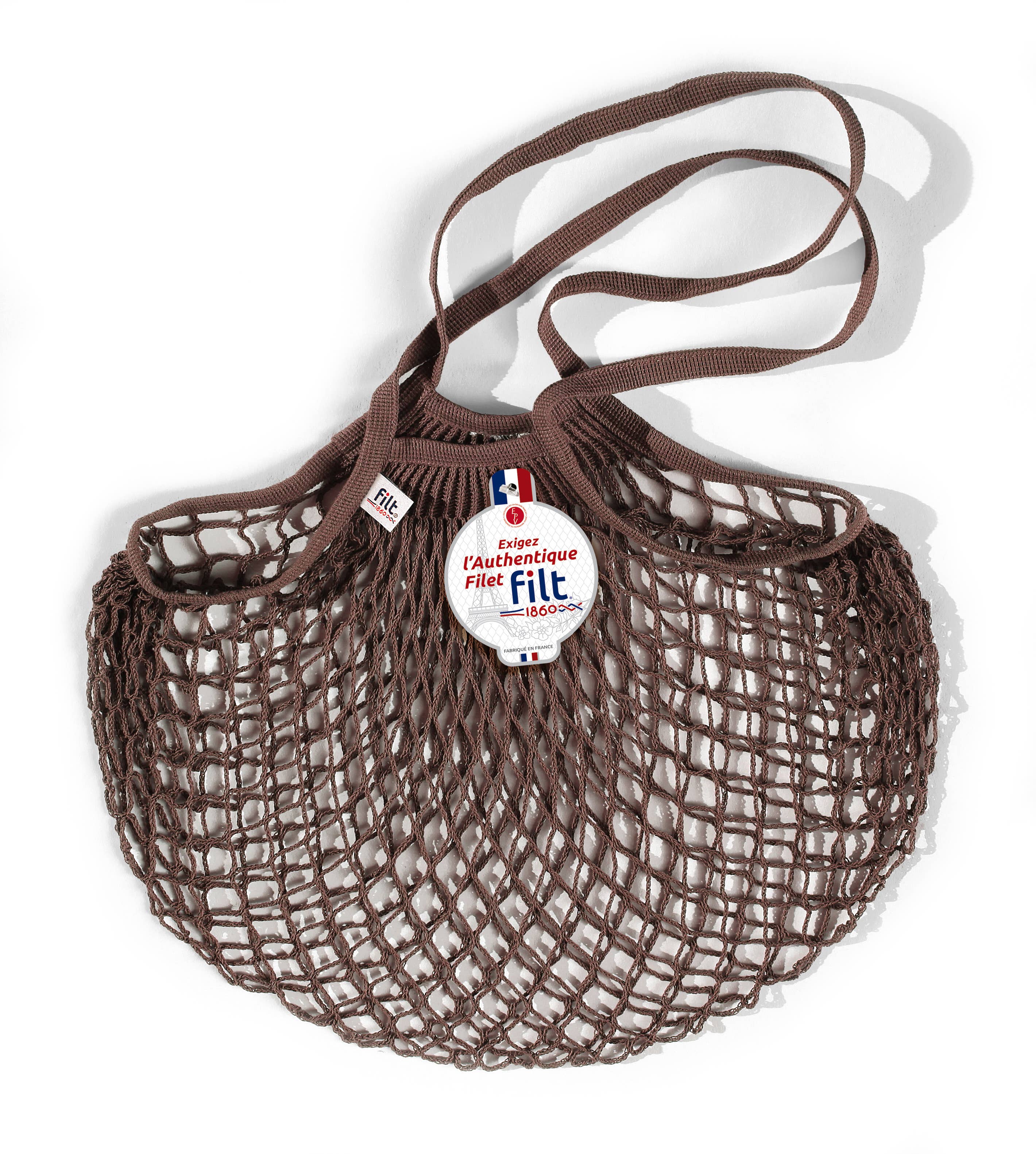 Filt 1860 sepia brown cotton mesh net bag with long braided handles, made in Normandy France