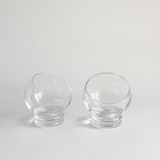 Italian Space Age ball cocktail glasses — set of 2, front view showing spherical bowl form, clear glass, 1970s Italian design