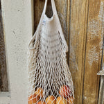 Short-handled ecru cotton net bag by Filt 1860, knitted cotton mesh tote made in Normandy