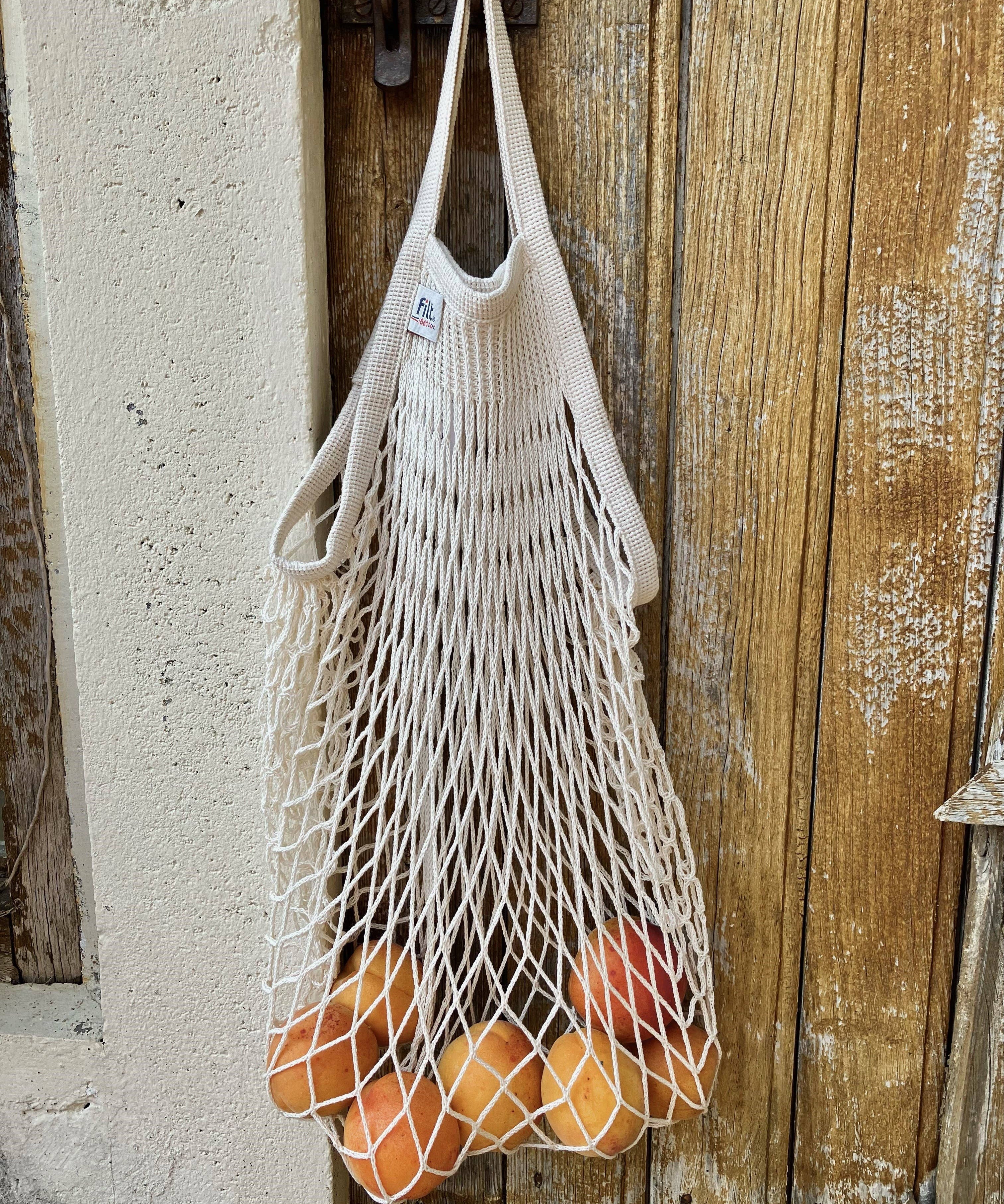 Short-handled ecru cotton net bag by Filt 1860, knitted cotton mesh tote made in Normandy