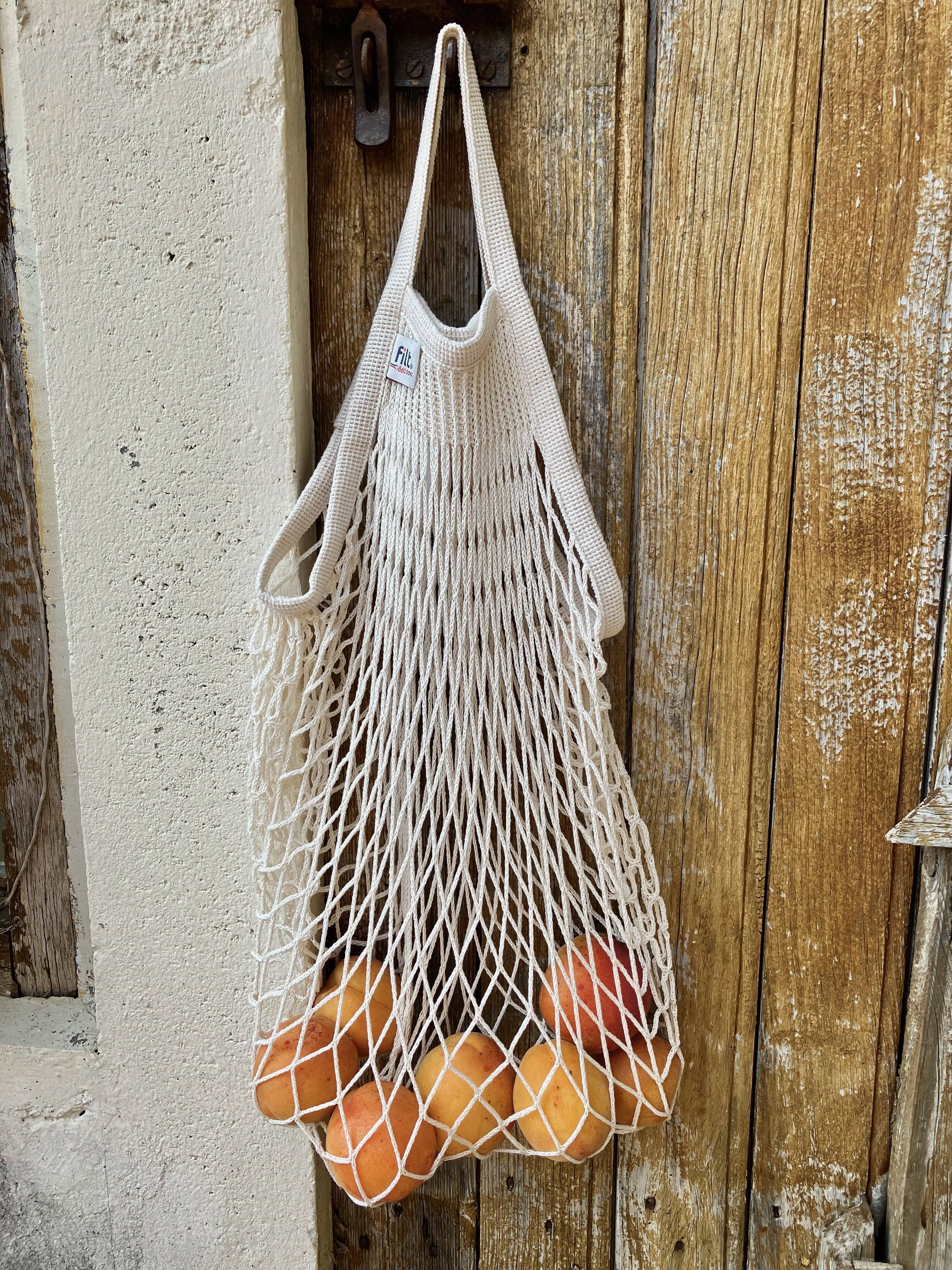 Short-handled ecru cotton net bag by Filt 1860, knitted cotton mesh tote made in Normandy