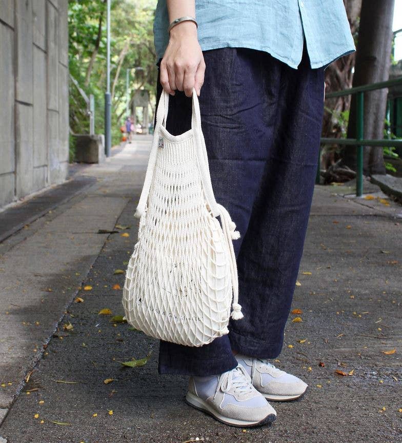 Filt 1860 ecru net bag in undyed cotton mesh shown flat, zero waste French shopping tote