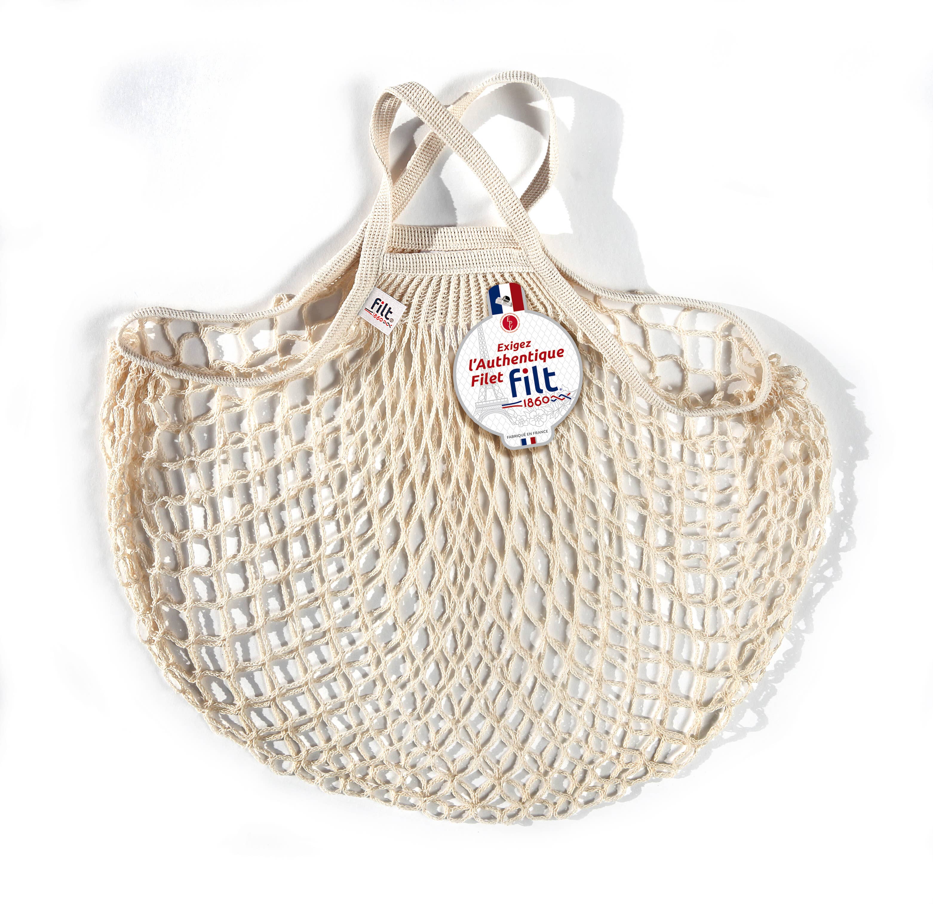 Filt 1860 ecru cotton mesh net bag with short 28 cm handles, reusable French shopping bag