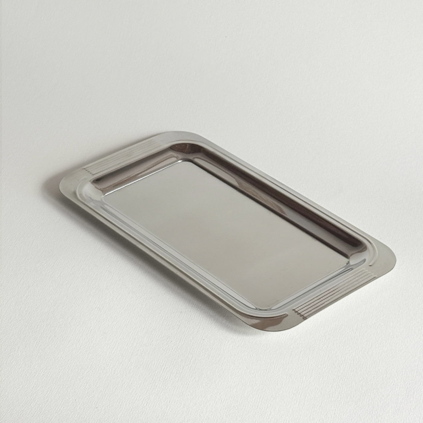 Guy Degrenne Mirrored Tray polished stainless steel with ribbed handles 28x15 cm vintage French design
