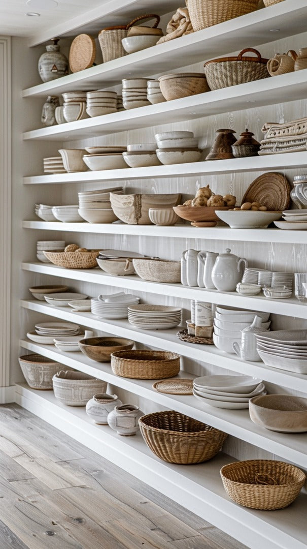 organised kitchen ceramic, wood, rattan