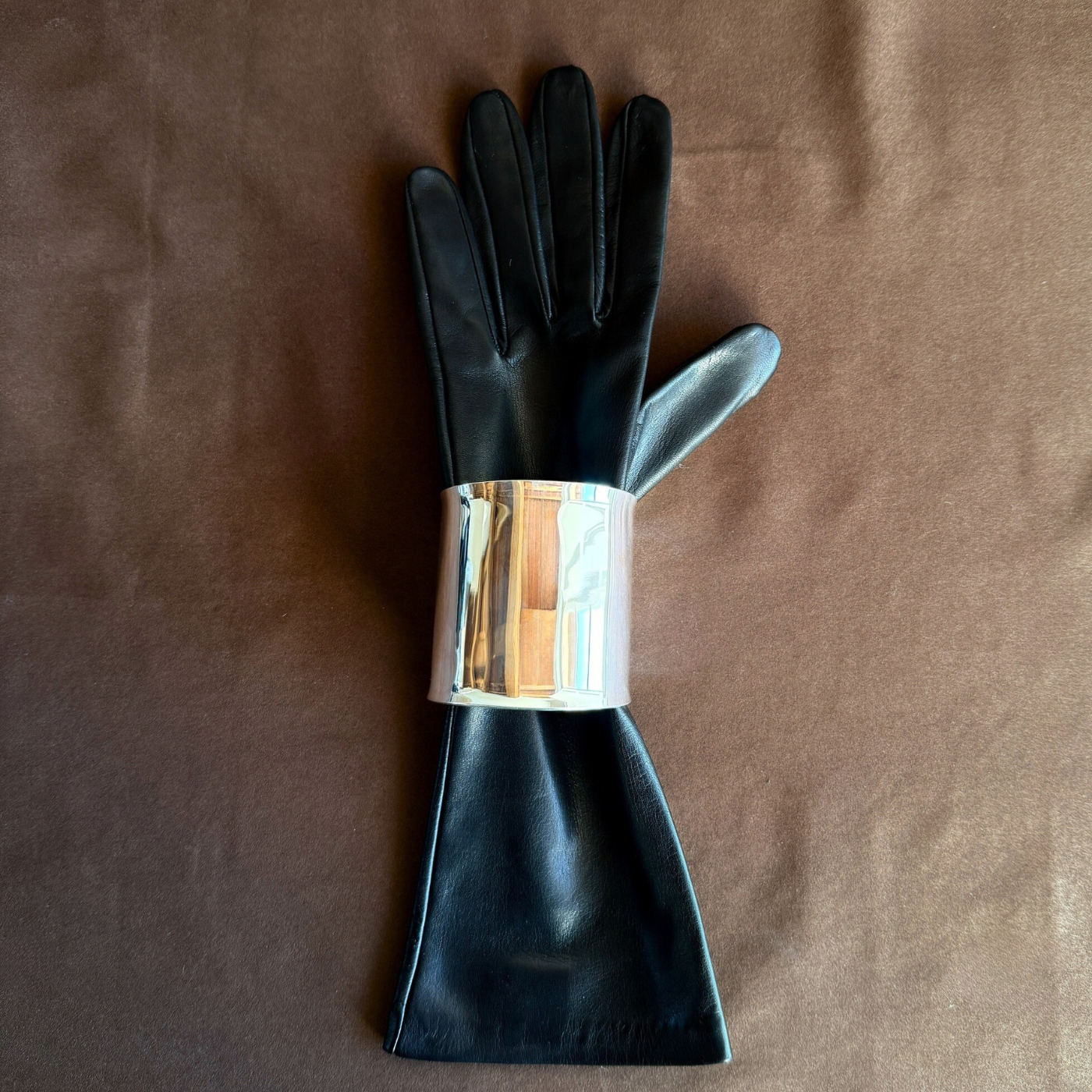 pair Long black Leather Gloves silk lining and silver cuff bracelet made in Italy
