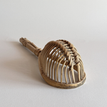 1960s Italian rattan kitchen colander with elongated open-weave design for draining herbs and vegetables