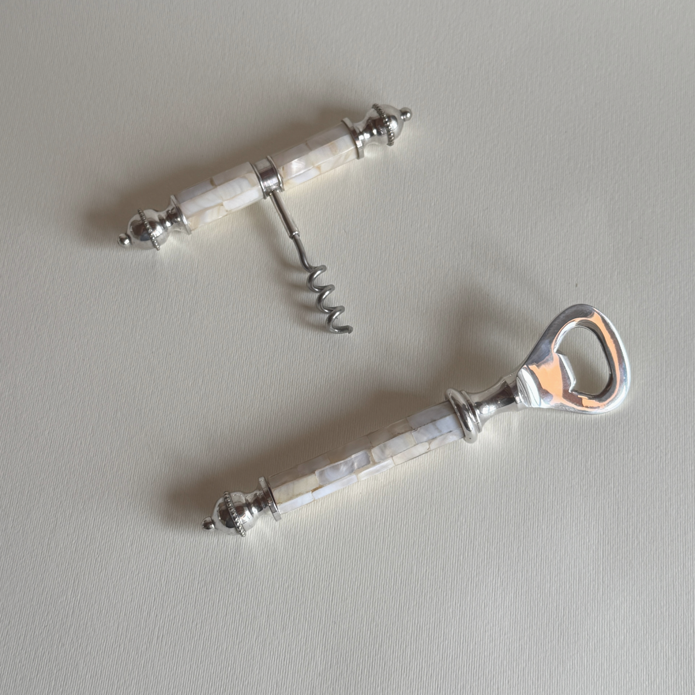 Stainless Steel Bottle Opener and Corkscrew Set I Mother of Pearl and Silver Plate