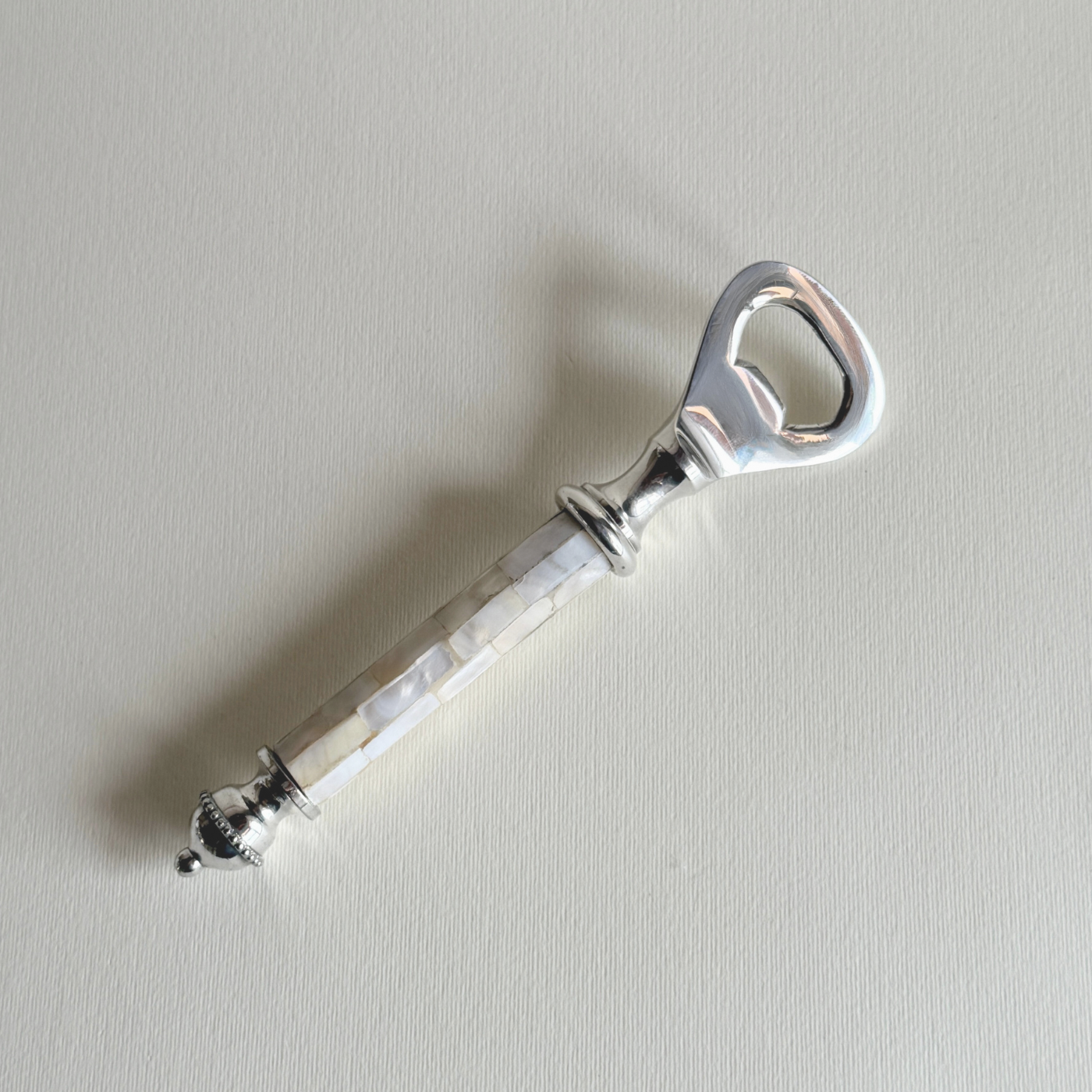Stainless Steel Bottle Opener and Corkscrew Set I Mother of Pearl and Silver Plate
