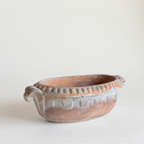 Terracotta oval pot in brown unglazed clay, 1950s Italian low form with sand-textured wabi-sabi patina