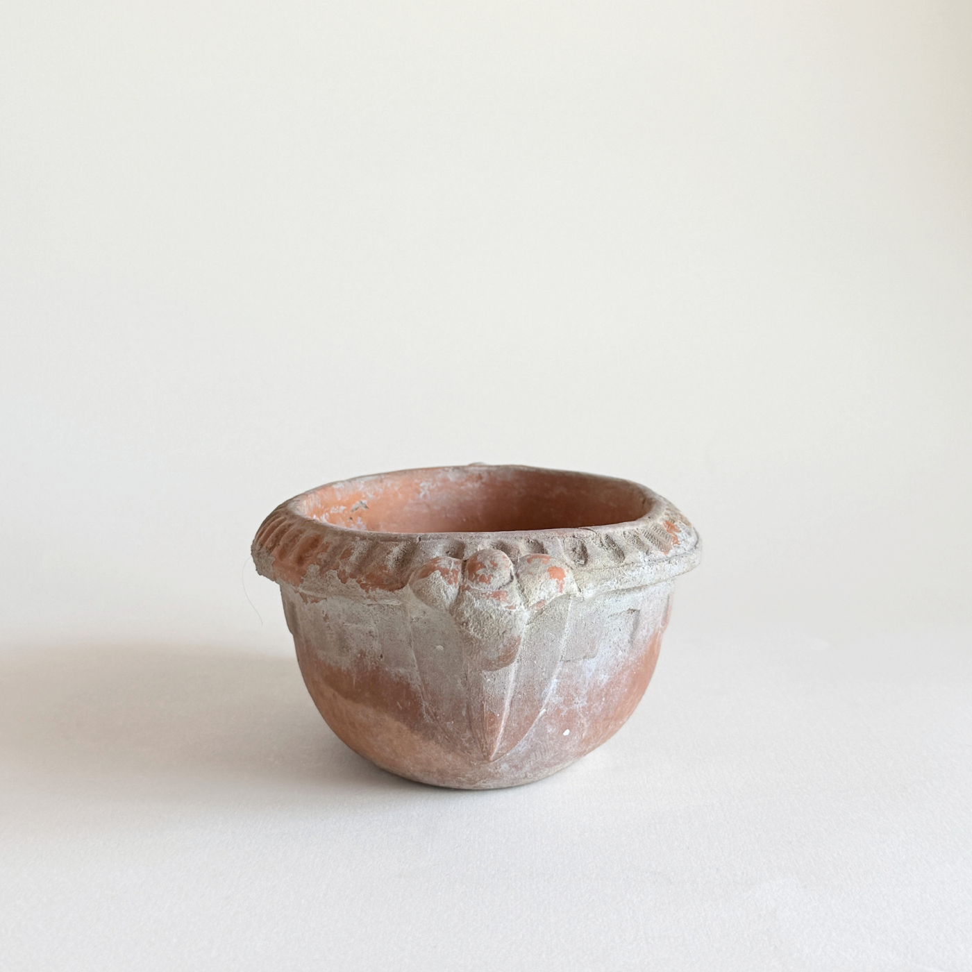 Low oval terracotta pot in brown unglazed clay, vintage Italian cachepot with aged patina