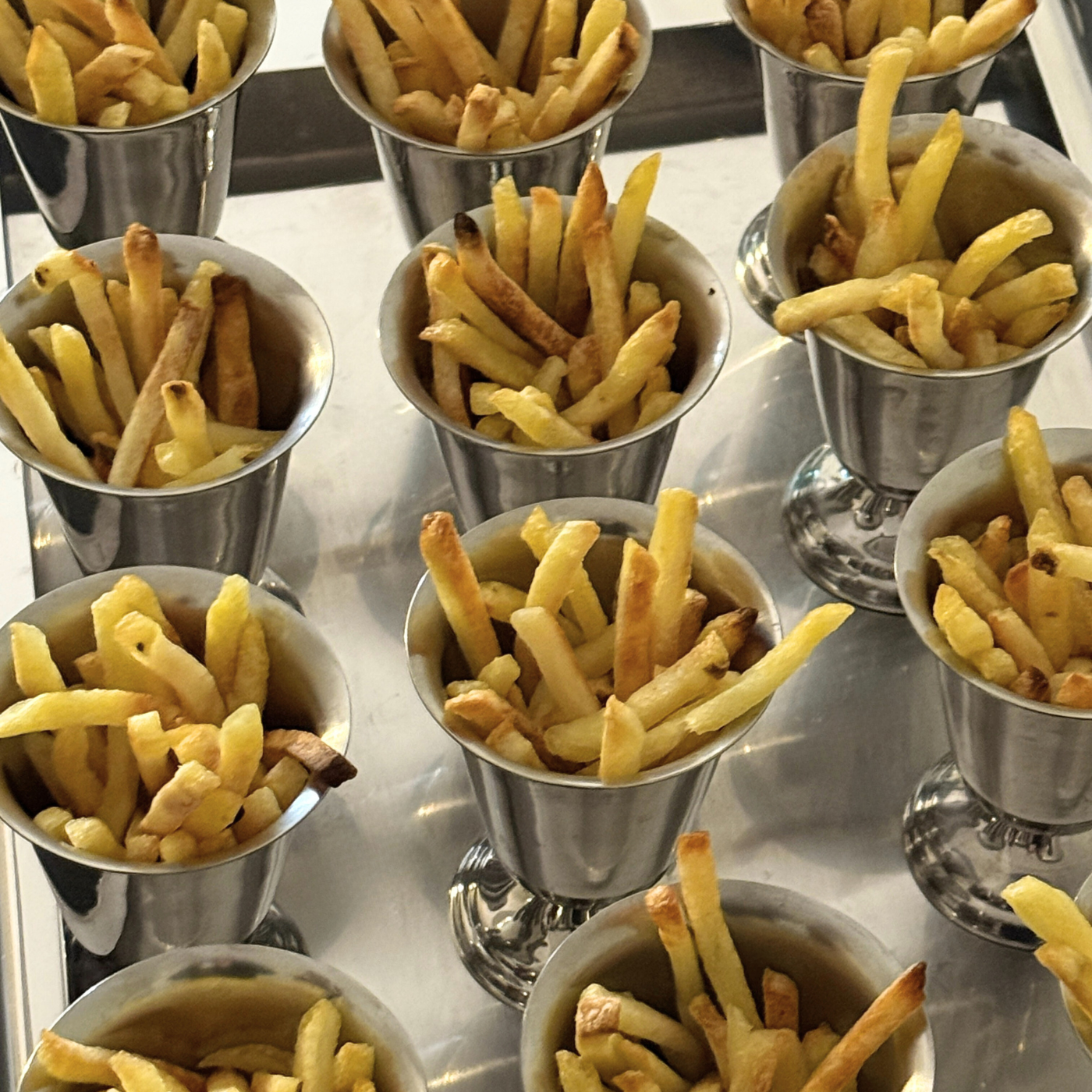 GUY DEGRENNE  Stainless Steel Metal tall tumbler with fries on metal tray